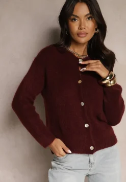 Bordowy Kardigan o Casualowym Kroju z Wełną i Moherem Lilothel