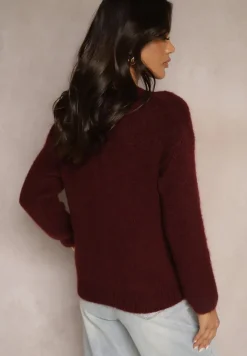 Bordowy Kardigan o Casualowym Kroju z Wełną i Moherem Lilothel