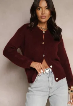 Bordowy Kardigan o Casualowym Kroju z Wełną i Moherem Lilothel