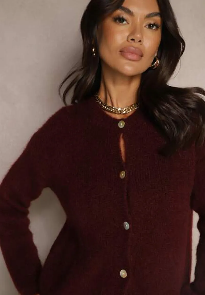 Bordowy Kardigan o Casualowym Kroju z Wełną i Moherem Lilothel