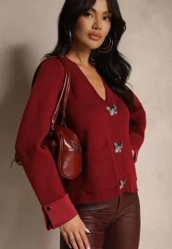 Bordowy Kardigan z Wiskozy Zdobiony Guzikami w Kształcie Motyli i Podwiniętymi Rękawami Tiredi