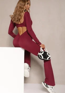 Bordowy Kombinezon Bodycon z Usztywnianymi Miseczkami i Wycięciami na Plecach Calinori