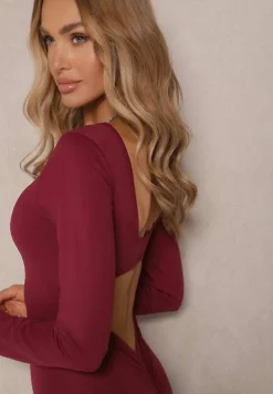 Bordowy Kombinezon Bodycon z Usztywnianymi Miseczkami i Wycięciami na Plecach Calinori