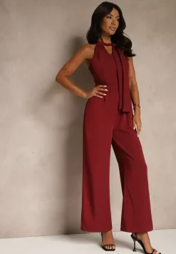 Bordowy Kombinezon Wide Leg z Ozdobnym Wiązaniem przy Szyi Silelia