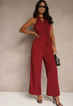 Bordowy Kombinezon Wide Leg z Ozdobnym Wiązaniem przy Szyi Silelia