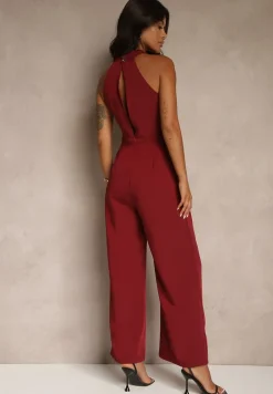 Bordowy Kombinezon Wide Leg z Ozdobnym Wiązaniem przy Szyi Silelia
