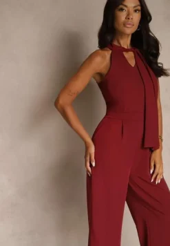 Bordowy Kombinezon Wide Leg z Ozdobnym Wiązaniem przy Szyi Silelia