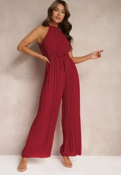 Bordowy Kombinezon z Dekoltem Typu Halter i Gumką w Talii Zolefia