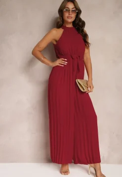 Bordowy Kombinezon z Dekoltem Typu Halter i Gumką w Talii Zolefia
