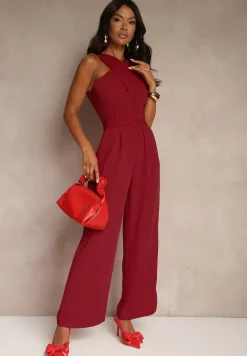 Bordowy Kombinezon z Paskiem z Klamrą i Marszczeniem Dolavelle
