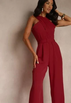 Bordowy Kombinezon z Paskiem z Klamrą i Marszczeniem Dolavelle