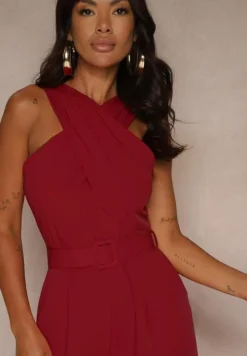 Bordowy Kombinezon z Paskiem z Klamrą i Marszczeniem Dolavelle