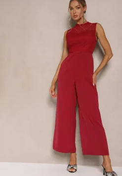 Bordowy Kombinezon z Szeroką Nogawką Zdobiony Siateczkowymi Wstawkami Naliena