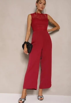 Bordowy Kombinezon z Szeroką Nogawką Zdobiony Siateczkowymi Wstawkami Naliena