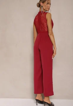 Bordowy Kombinezon z Szeroką Nogawką Zdobiony Siateczkowymi Wstawkami Naliena