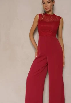 Bordowy Kombinezon z Szeroką Nogawką Zdobiony Siateczkowymi Wstawkami Naliena