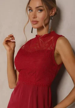 Bordowy Kombinezon z Szeroką Nogawką Zdobiony Siateczkowymi Wstawkami Naliena