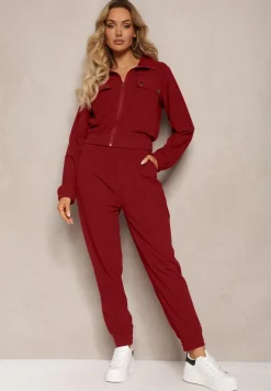 Bordowy Komplet Dresowy w Prążki Bluza Kurtka Rozpinana z Kołnierzykiem i Spodnie Lisulla