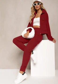 Bordowy Komplet Dresowy w Prążki Bluza Kurtka Rozpinana z Kołnierzykiem i Spodnie Lisulla