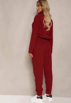 Bordowy Komplet Dresowy w Prążki Bluza Kurtka Rozpinana z Kołnierzykiem i Spodnie Lisulla