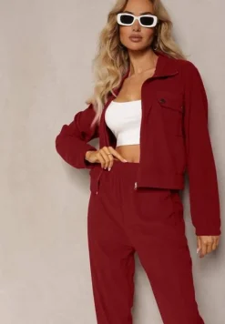 Bordowy Komplet Dresowy w Prążki Bluza Kurtka Rozpinana z Kołnierzykiem i Spodnie Lisulla