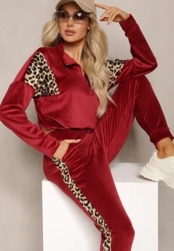 Bordowy Komplet Dresowy z Weluru z Krótką Bluzą i Spodniami Joggerami z Panterkowym Wzorem Limitta