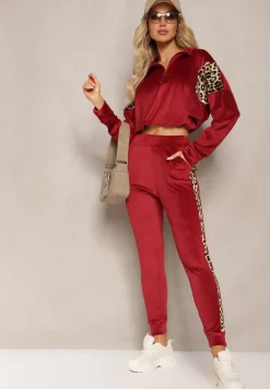 Bordowy Komplet Dresowy z Weluru z Krótką Bluzą i Spodniami Joggerami z Panterkowym Wzorem Limitta
