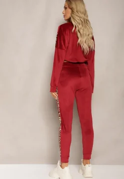 Bordowy Komplet Dresowy z Weluru z Krótką Bluzą i Spodniami Joggerami z Panterkowym Wzorem Limitta