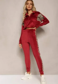 Bordowy Komplet Dresowy z Weluru z Krótką Bluzą i Spodniami Joggerami z Panterkowym Wzorem Limitta