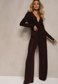 Bordowy Kopertowy Kombinezon z Wiskozą Ozdobiony Materiałowym Paskiem Mialira