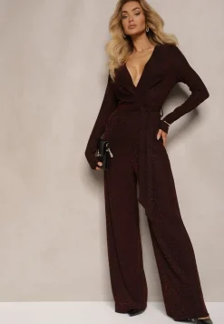 Bordowy Kopertowy Kombinezon z Wiskozą Ozdobiony Materiałowym Paskiem Mialira