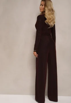 Bordowy Kopertowy Kombinezon z Wiskozą Ozdobiony Materiałowym Paskiem Mialira