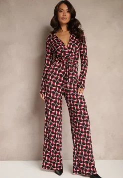 Bordowy Kopertowy Kombinezon z Wiskozą z Szerokimi Nogawkami i Paskiem w Geometryczny Wzór Botavia