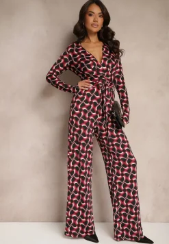Bordowy Kopertowy Kombinezon z Wiskozą z Szerokimi Nogawkami i Paskiem w Geometryczny Wzór Botavia