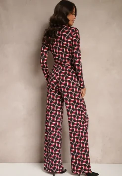 Bordowy Kopertowy Kombinezon z Wiskozą z Szerokimi Nogawkami i Paskiem w Geometryczny Wzór Botavia