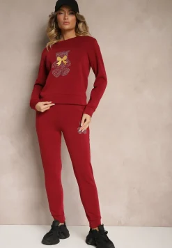 Bordowy Ocieplany Komplet Dresowy z Bawełny Zdobiony Cyrkoniami Bluza i Spodnie z Gumką Nelionis