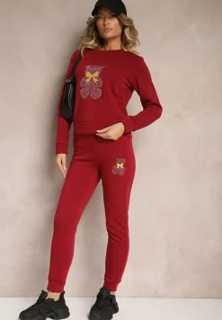 Bordowy Ocieplany Komplet Dresowy z Bawełny Zdobiony Cyrkoniami Bluza i Spodnie z Gumką Nelionis