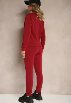 Bordowy Ocieplany Komplet Dresowy z Bawełny Zdobiony Cyrkoniami Bluza i Spodnie z Gumką Nelionis