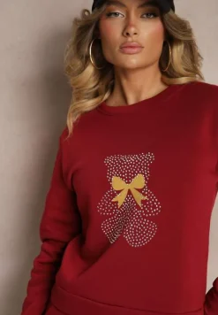 Bordowy Ocieplany Komplet Dresowy z Bawełny Zdobiony Cyrkoniami Bluza i Spodnie z Gumką Nelionis