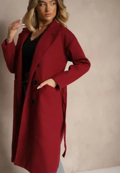 Bordowy Płaszcz Dwurzędowy Wiązany Meollie