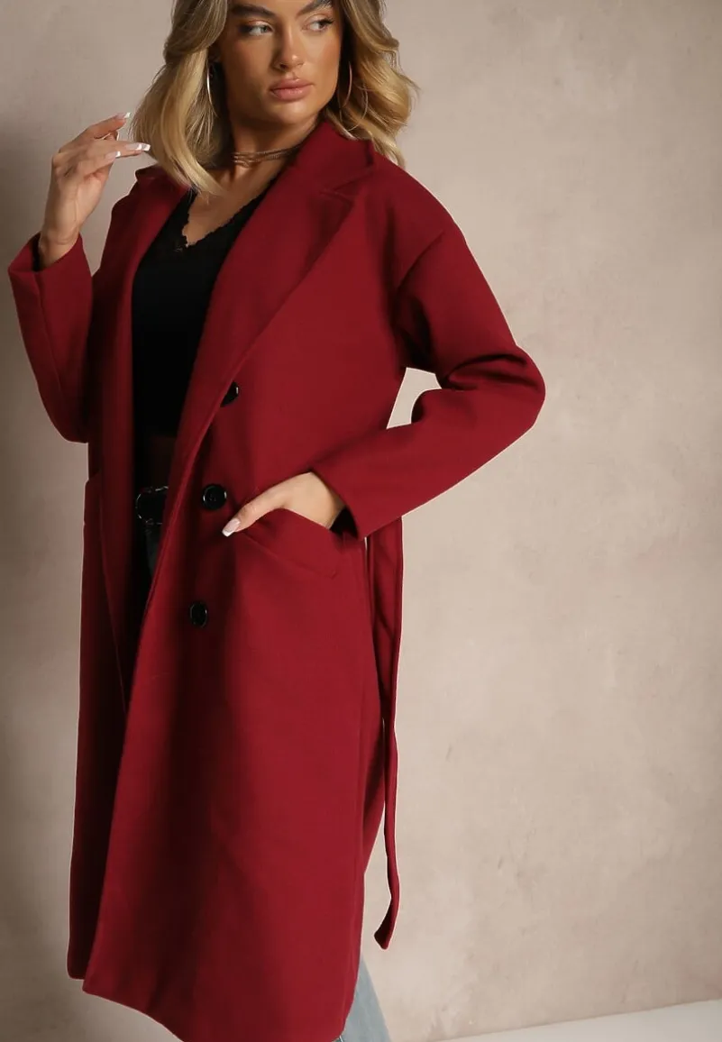Bordowy Płaszcz Dwurzędowy Wiązany Meollie