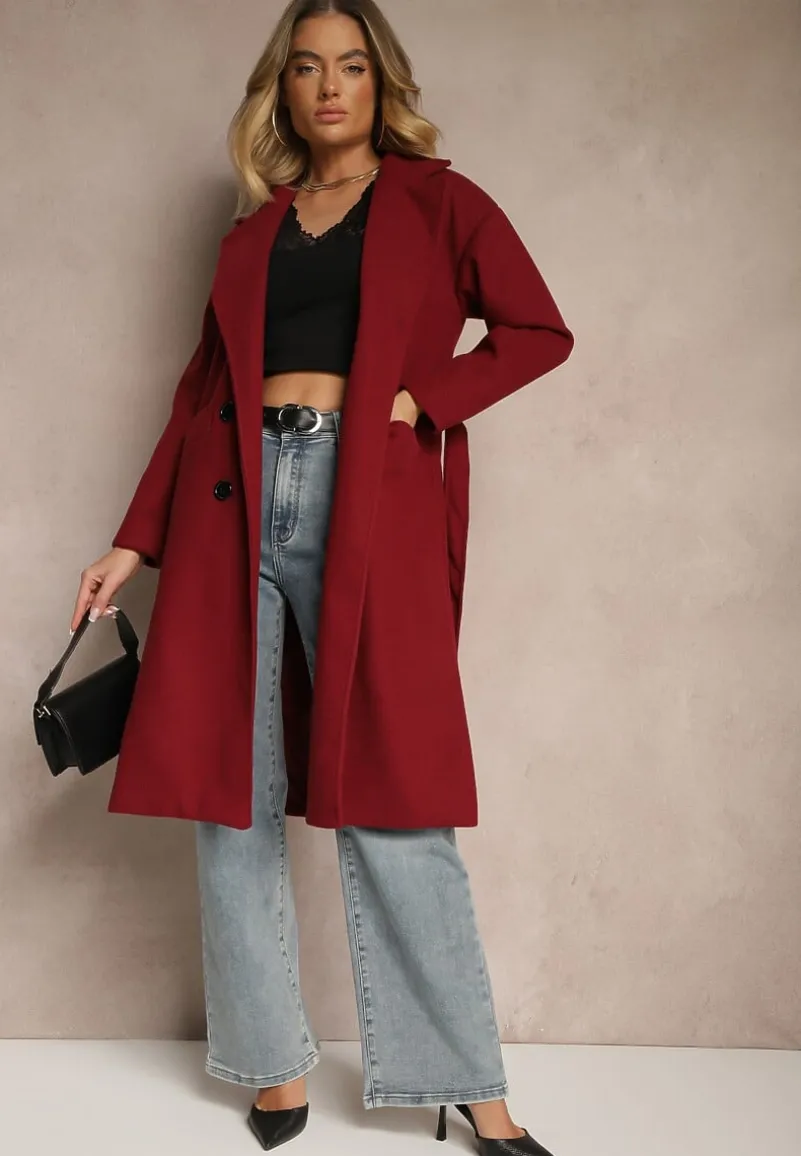 Bordowy Płaszcz Dwurzędowy Wiązany Meollie