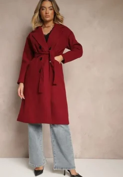 Bordowy Płaszcz Dwurzędowy Wiązany Meollie