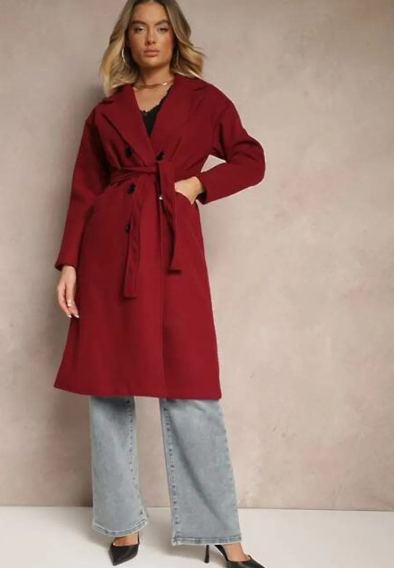 Bordowy Płaszcz Dwurzędowy Wiązany Meollie