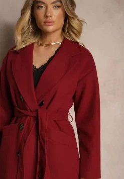 Bordowy Płaszcz Dwurzędowy Wiązany Meollie