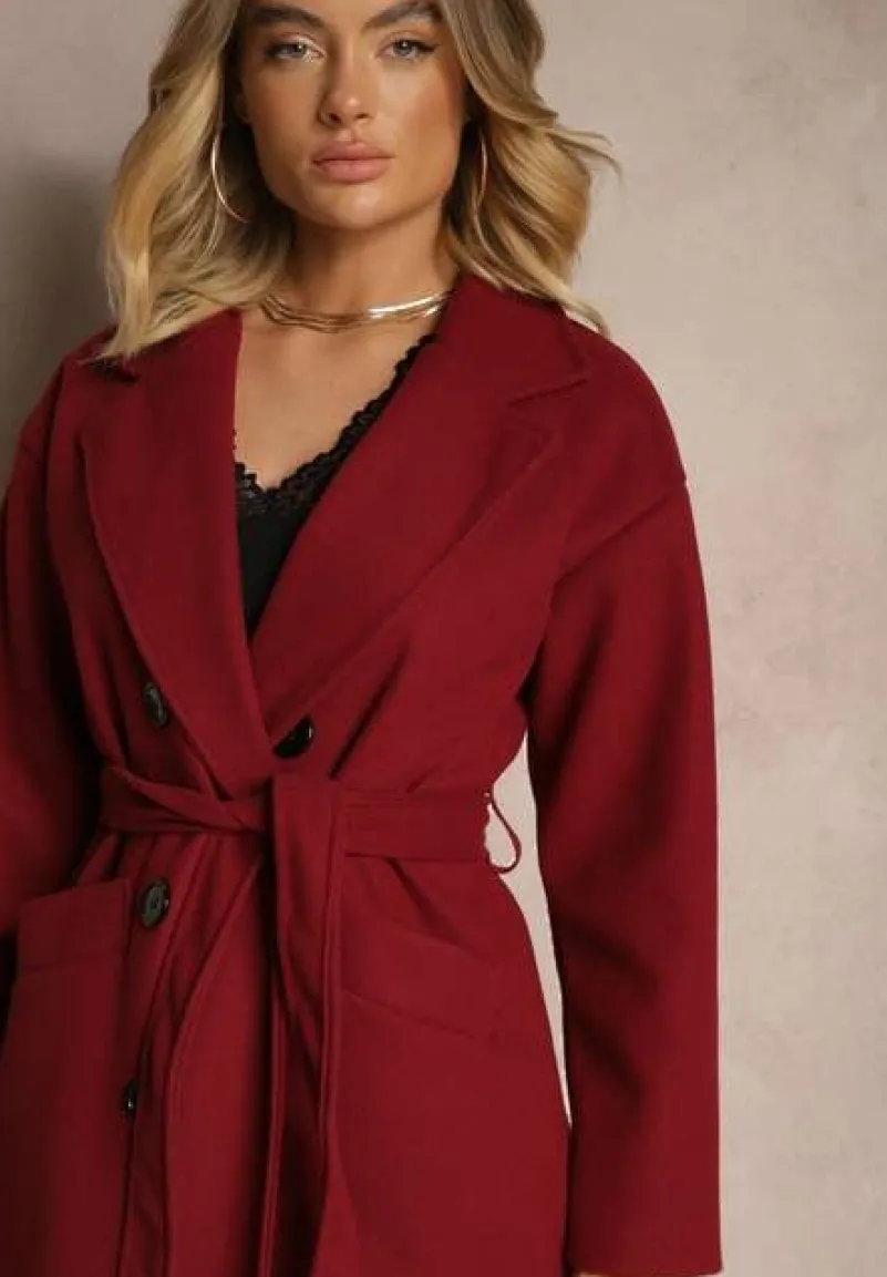 Bordowy Płaszcz Dwurzędowy Wiązany Meollie