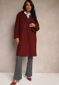 Bordowy Płaszcz Dwurzędowy Długi Tadde