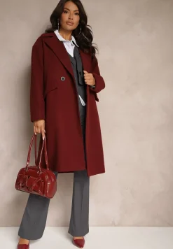 Bordowy Płaszcz Dwurzędowy Długi Tadde