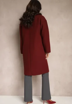 Bordowy Płaszcz Dwurzędowy Długi Tadde