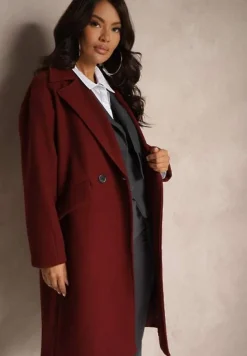 Bordowy Płaszcz Dwurzędowy Długi Tadde